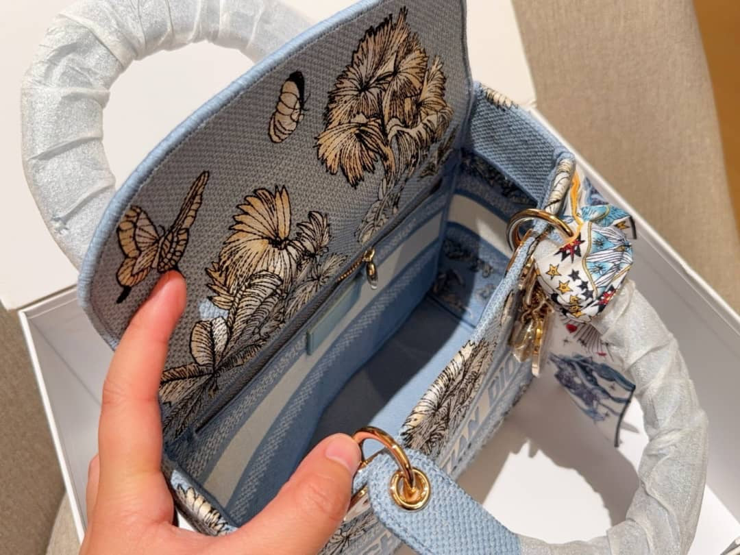 Lady D Celestial Blue and White Toile de Jouy Palms Embroidery Small