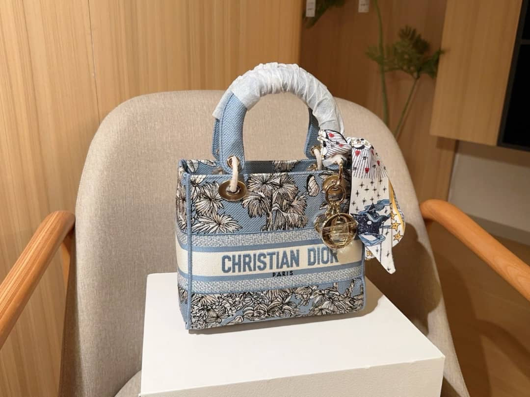 Lady D Celestial Blue and White Toile de Jouy Palms Embroidery Small