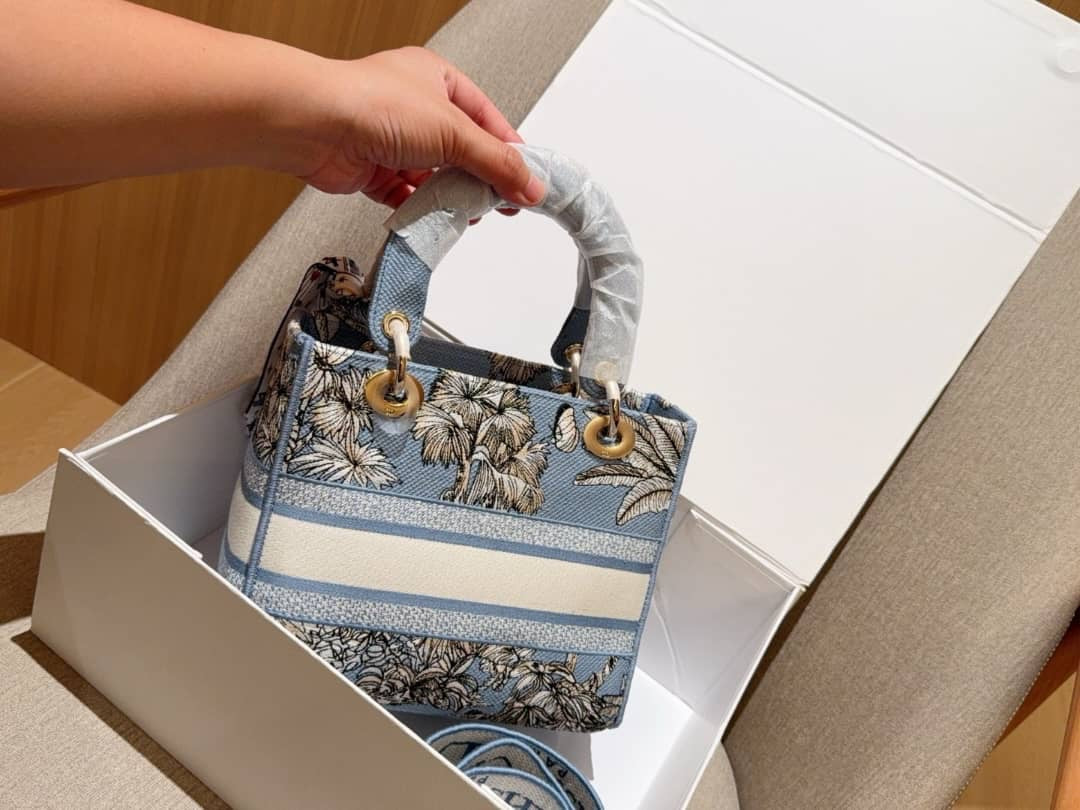 Lady D Celestial Blue and White Toile de Jouy Palms Embroidery Small