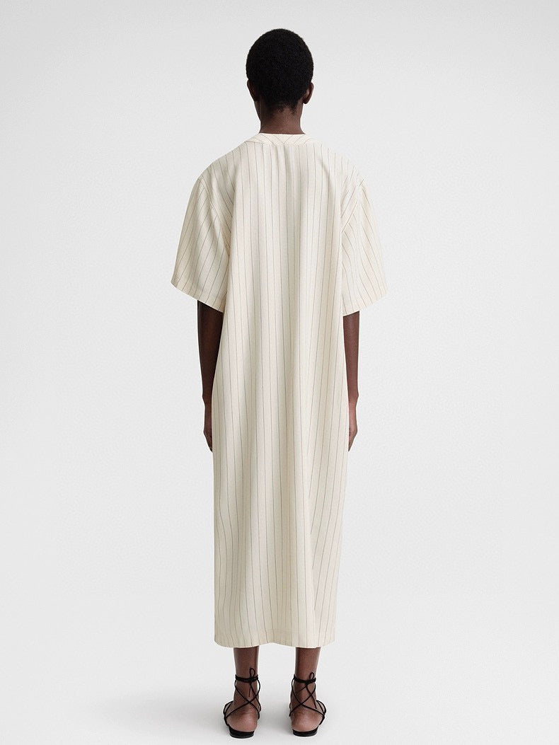 TOTEME Pinstripe Midi Dress – Crepe Fabric, Tunic Silhouette & Buttoned Placket