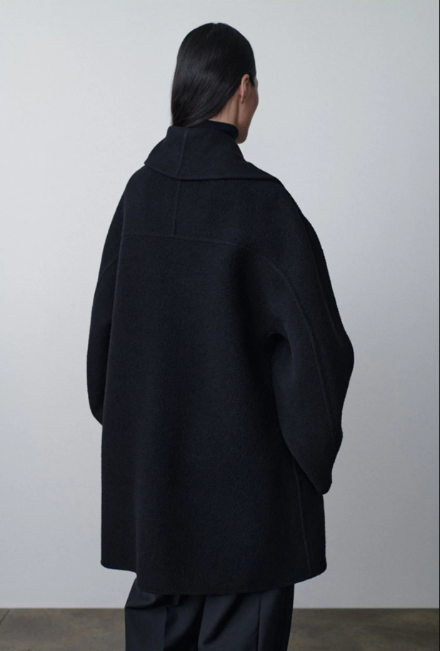 The Row Winter Wool Coat – Black Wool Blend, Straight Hem & Elegant Button Closure