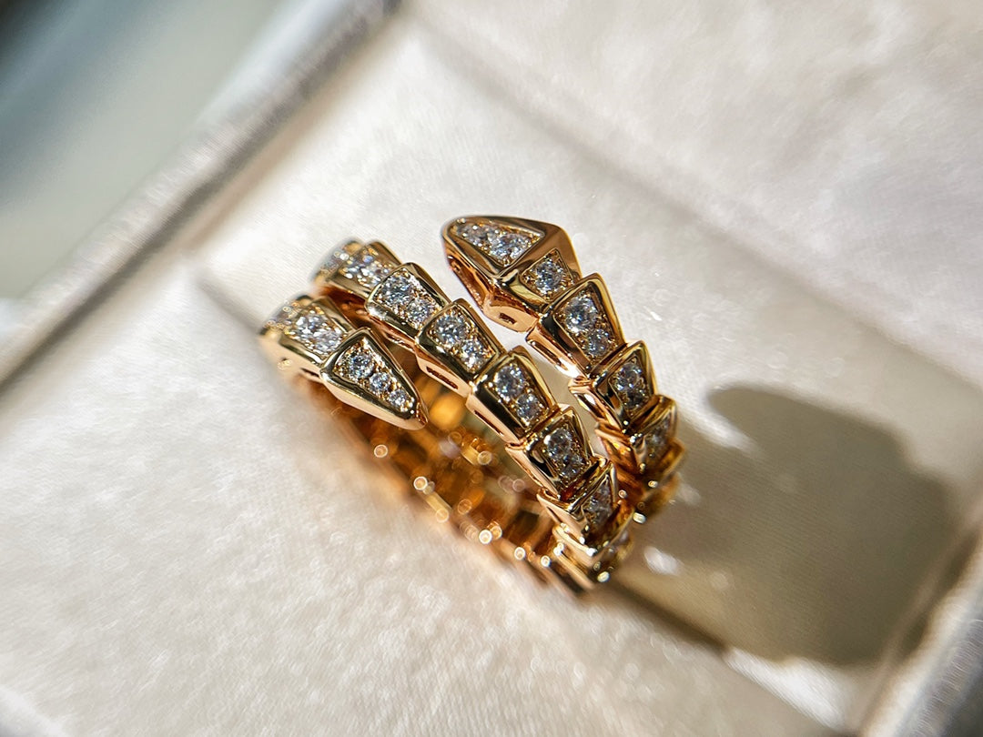 BULGARI Serpenti Viper Two-Coil 18kt Gold Ring with Pavé Diamonds