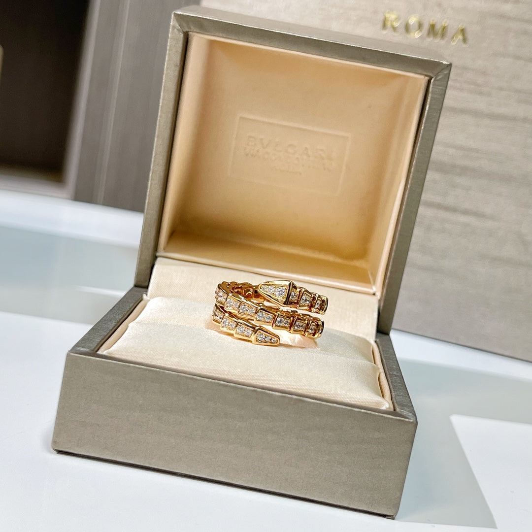 BULGARI Serpenti Viper Two-Coil 18kt Gold Ring with Pavé Diamonds