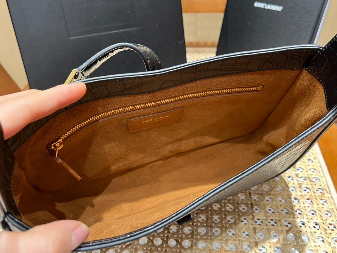 YSL LE 5 À 7 Croc Embossed Black