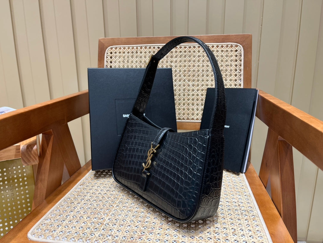 YSL LE 5 À 7 Croc Embossed Black