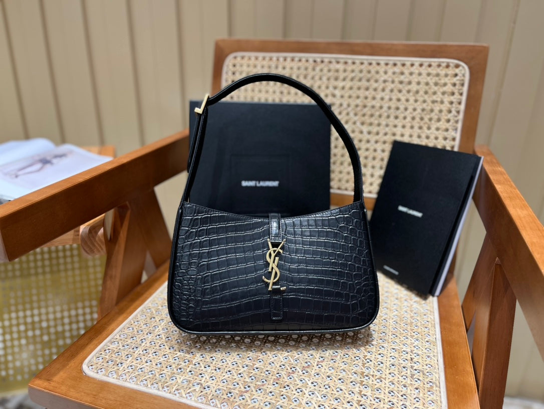 YSL LE 5 À 7 Croc Embossed Black