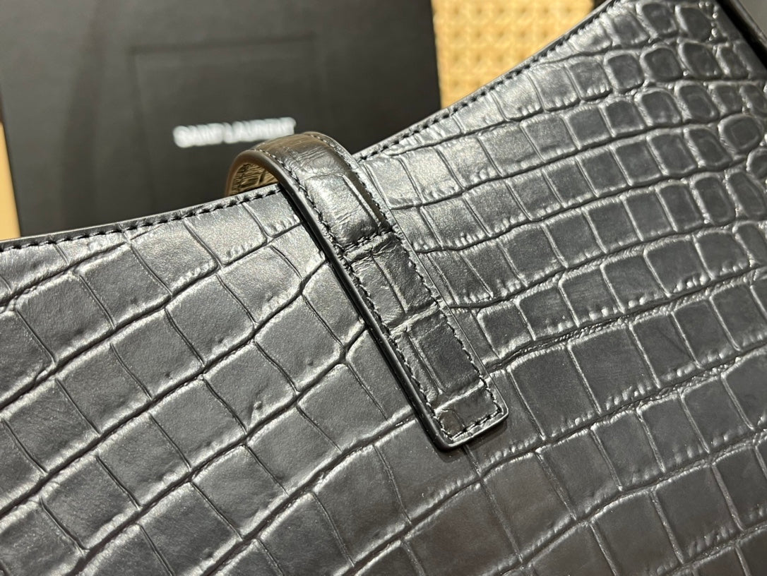 YSL LE 5 À 7 Croc Embossed Black