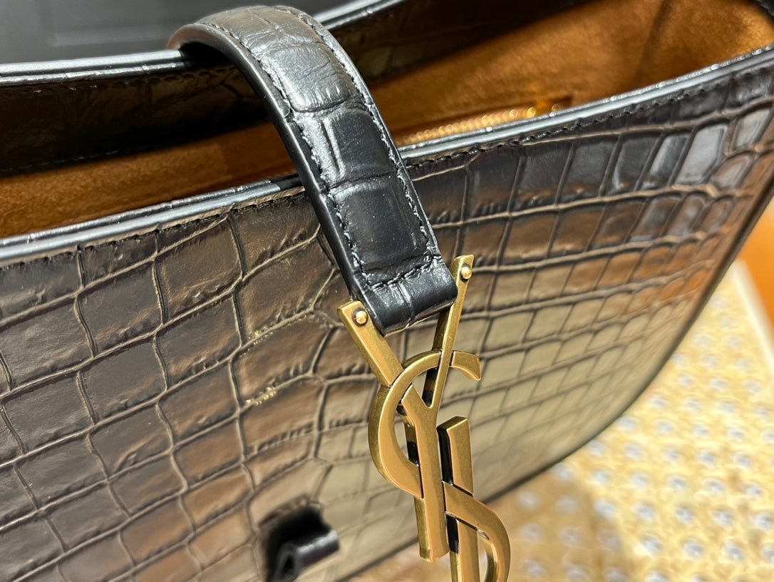 YSL LE 5 À 7 Croc Embossed Black