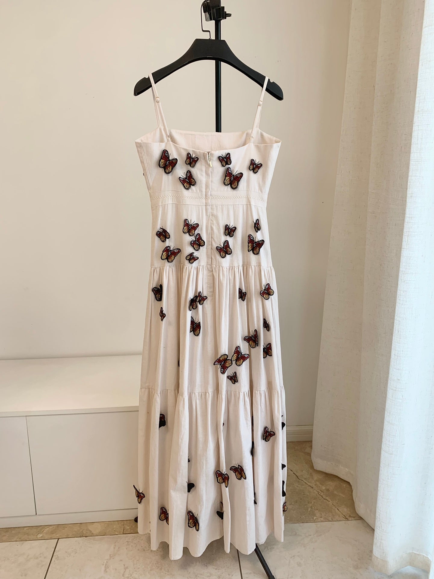 Agua By Agua Bendita Lima Monarca Maxi Dress – Linen, Butterfly Appliqué & Adjustable Straps