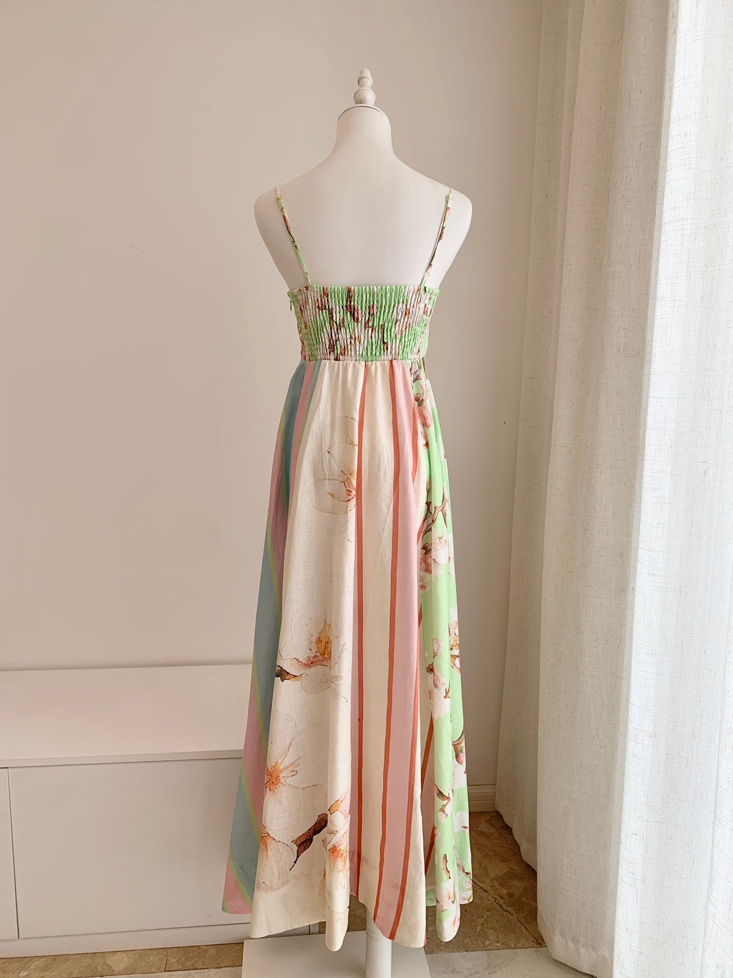 Aston Studio Rue Dress – Colorful Striped Floral Print, Slash Neck & Backless Design