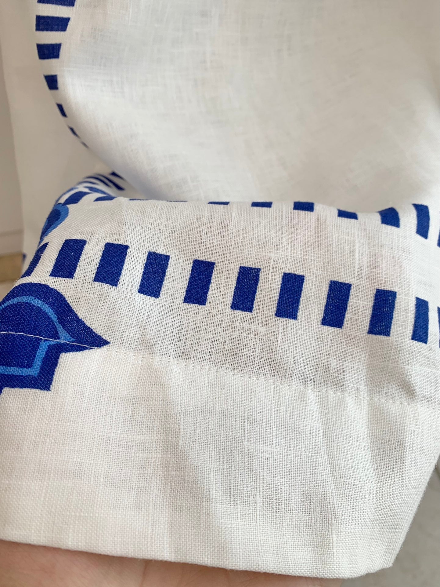 Aston Studio Cordelia Dress – White Linen, Blue Mediterranean Print, Sleeveless & Slash Neck