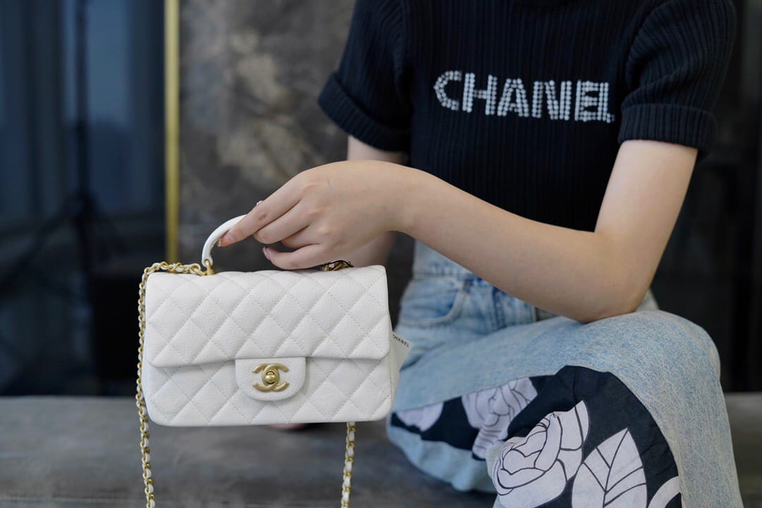 CC Classic Mini Flap Bag Top Handle White