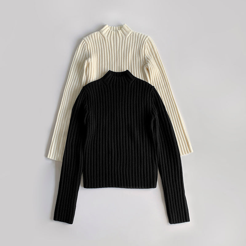 TOTEME Wool Sweater – Black & Beige Rib-Knit Design with Stand Collar & Long Sleeves