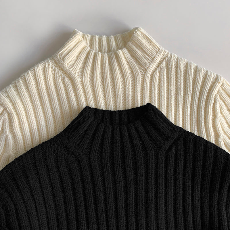TOTEME Wool Sweater – Black & Beige Rib-Knit Design with Stand Collar & Long Sleeves