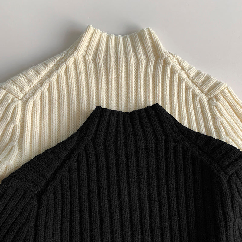 TOTEME Wool Sweater – Black & Beige Rib-Knit Design with Stand Collar & Long Sleeves