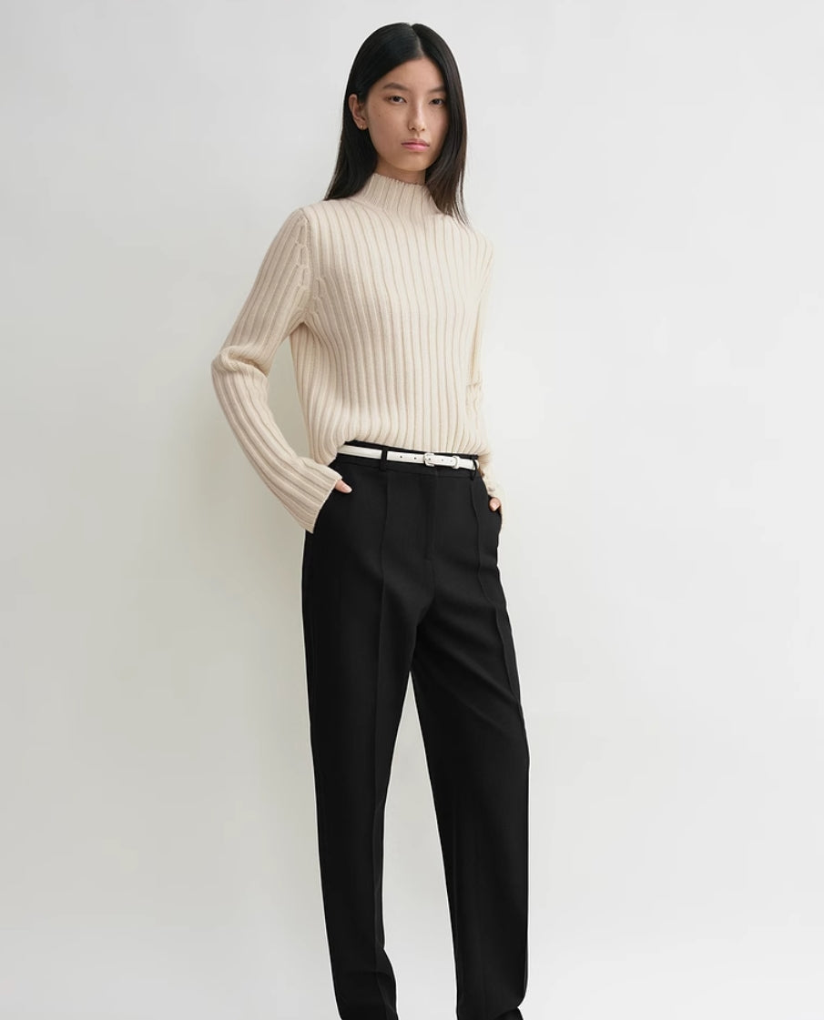 TOTEME Wool Sweater – Black & Beige Rib-Knit Design with Stand Collar & Long Sleeves