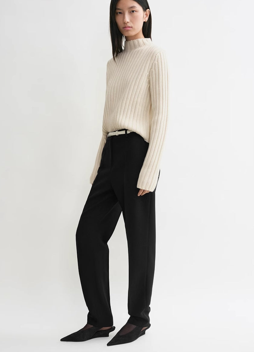 TOTEME Wool Sweater – Black & Beige Rib-Knit Design with Stand Collar & Long Sleeves
