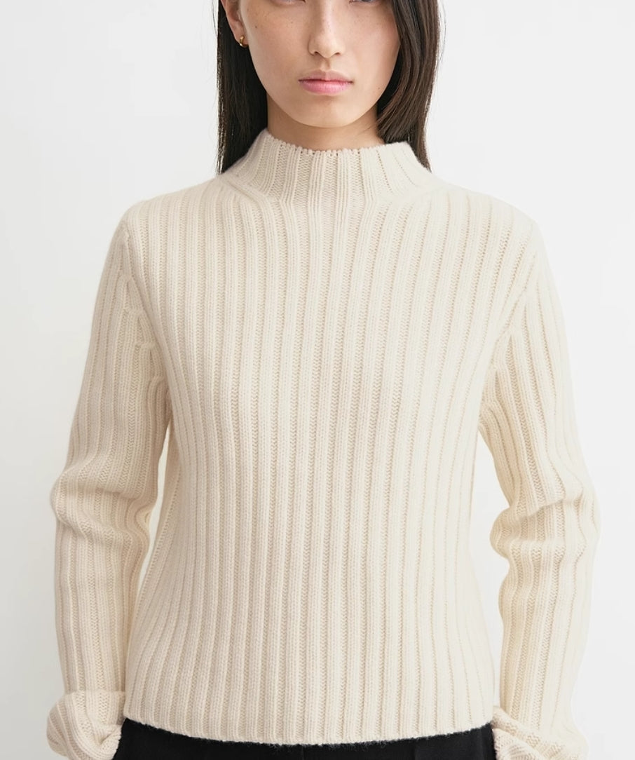 TOTEME Wool Sweater – Black & Beige Rib-Knit Design with Stand Collar & Long Sleeves