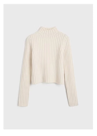 TOTEME Wool Sweater – Black & Beige Rib-Knit Design with Stand Collar & Long Sleeves