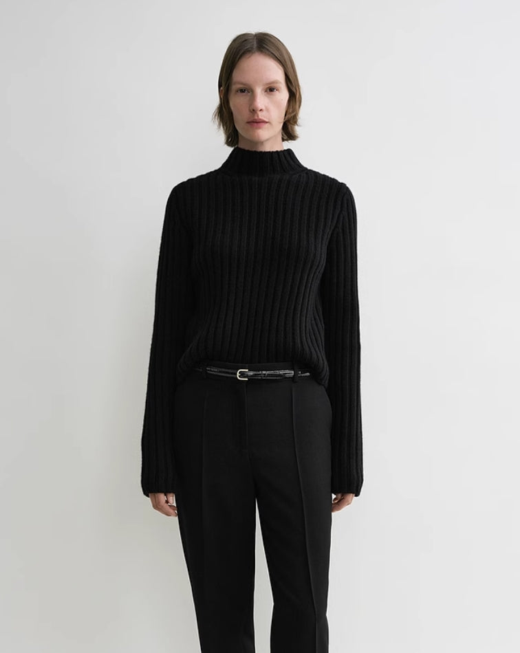 TOTEME Wool Sweater – Black & Beige Rib-Knit Design with Stand Collar & Long Sleeves