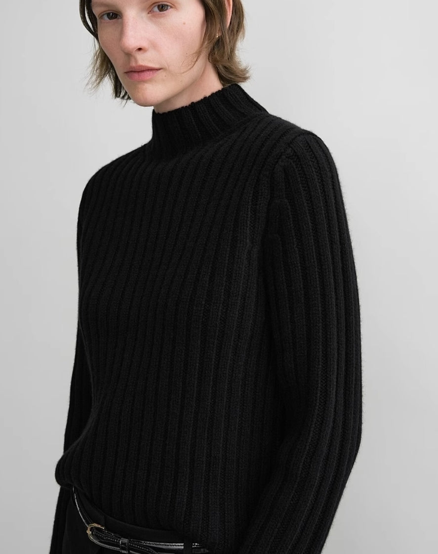 TOTEME Wool Sweater – Black & Beige Rib-Knit Design with Stand Collar & Long Sleeves