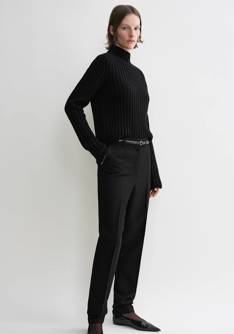 TOTEME Wool Sweater – Black & Beige Rib-Knit Design with Stand Collar & Long Sleeves