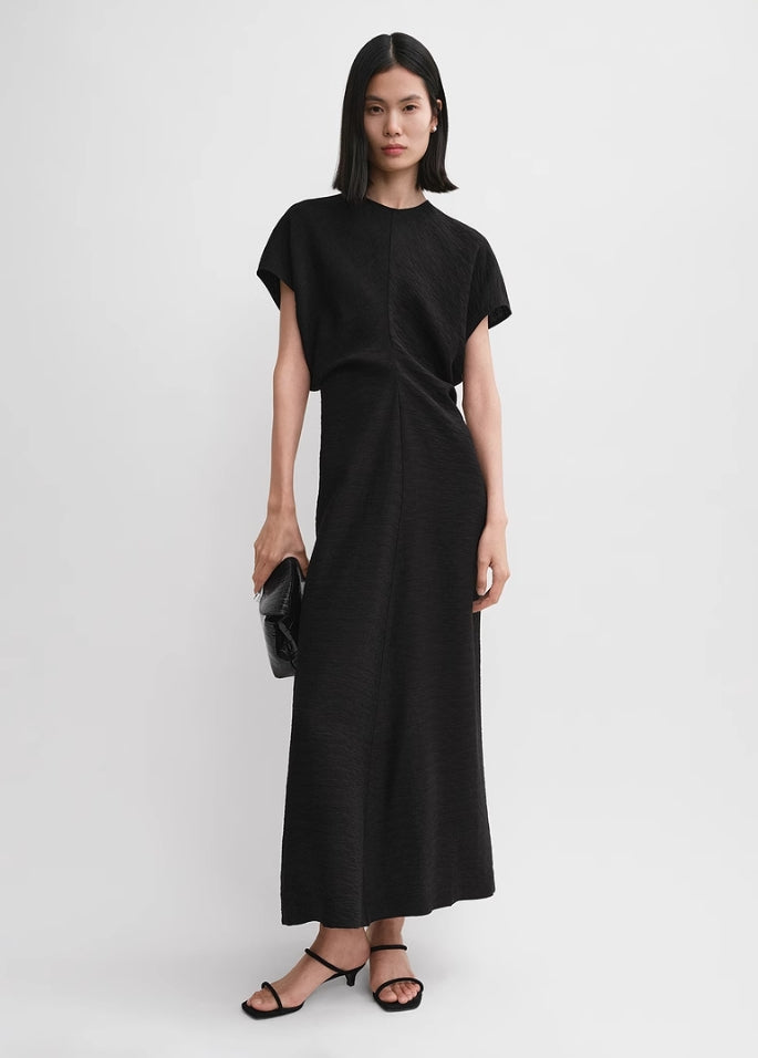 TOTEME Sculpted Waist Dress – Crinkled Viscose Blend, Cap Sleeves & Ankle-Grazing Hem