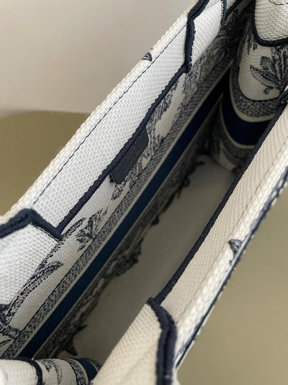 D Riviera Book Tote White and Blue Toile de Jouy Palms Embroidery