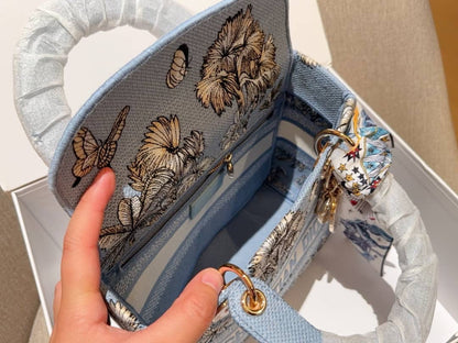 Lady D Celestial Blue and White Toile de Jouy Palms Embroidery Small