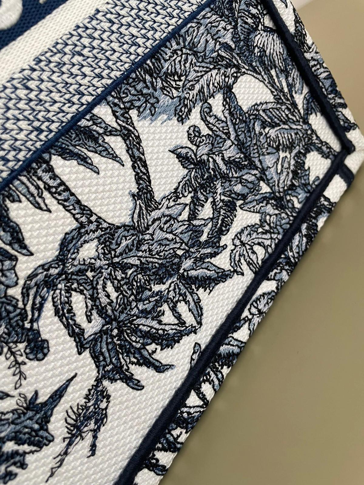 D Riviera Book Tote White and Blue Toile de Jouy Palms Embroidery