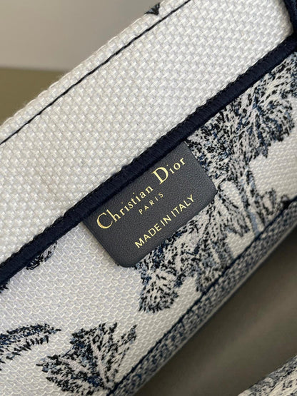 D Riviera Book Tote White and Blue Toile de Jouy Palms Embroidery