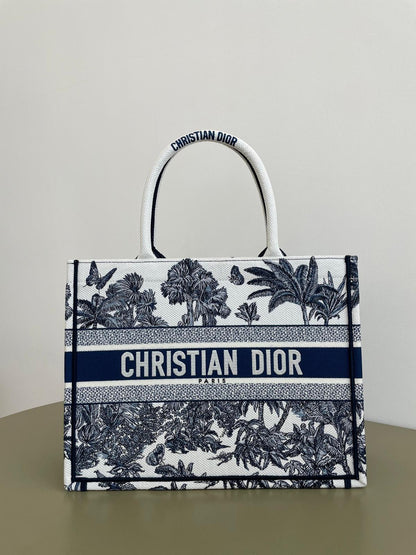 D Riviera Book Tote White and Blue Toile de Jouy Palms Embroidery
