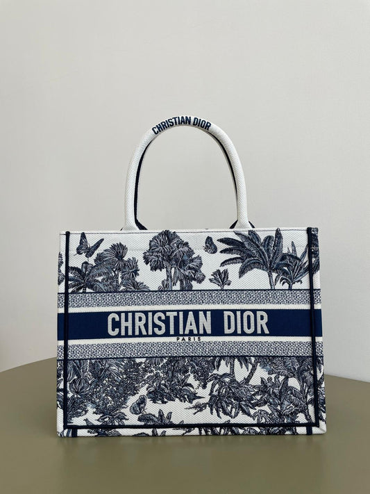 D Riviera Book Tote White and Blue Toile de Jouy Palms Embroidery
