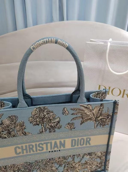 D Riviera Book Tote Celestial Blue and White Toile de Jouy Palms Embroidery
