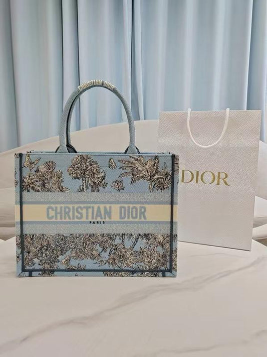 D Riviera Book Tote Celestial Blue and White Toile de Jouy Palms Embroidery
