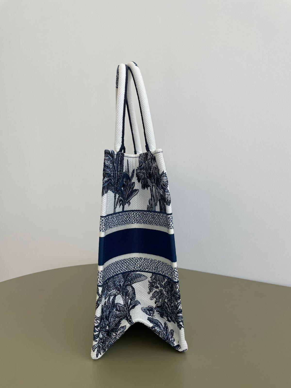 D Riviera Book Tote White and Blue Toile de Jouy Palms Embroidery