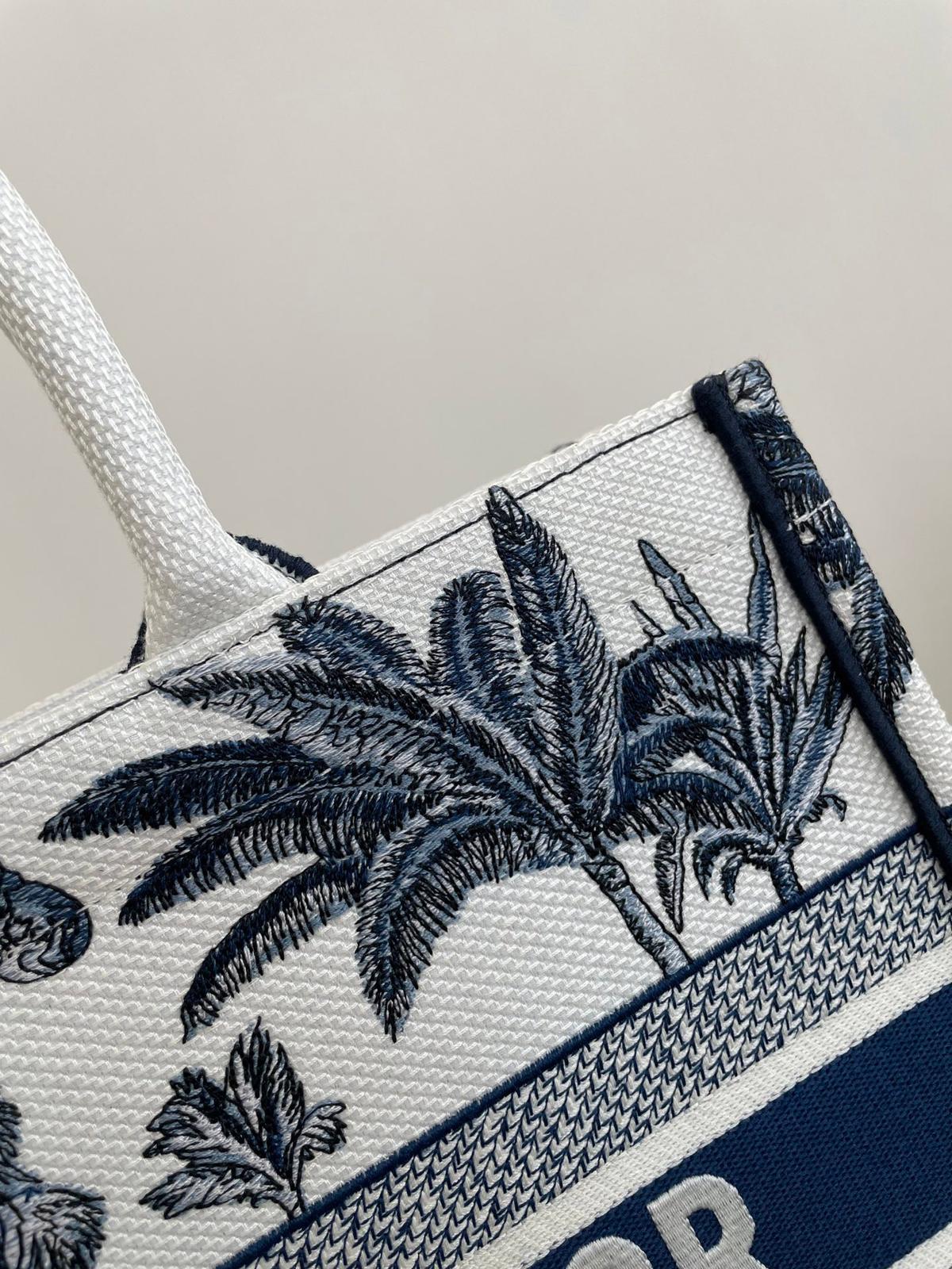 D Riviera Book Tote White and Blue Toile de Jouy Palms Embroidery