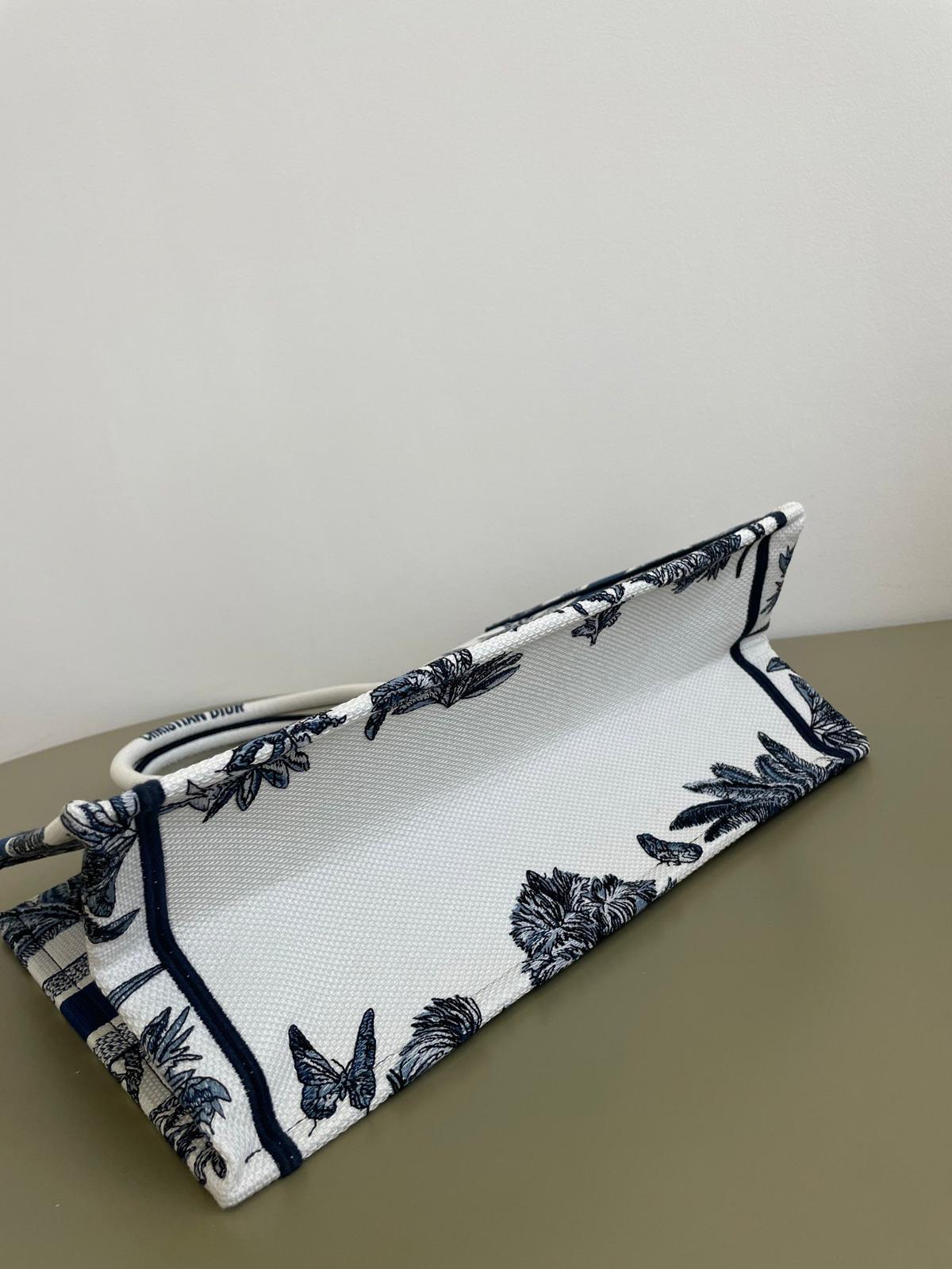 D Riviera Book Tote White and Blue Toile de Jouy Palms Embroidery