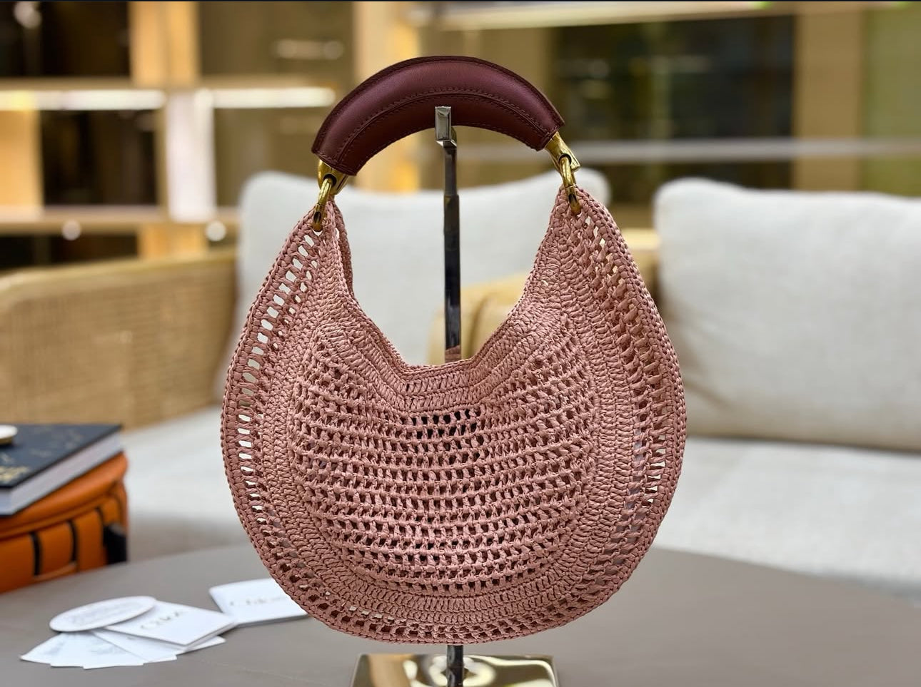 Banana Summer Boho Bag in Raffia Pink Beige