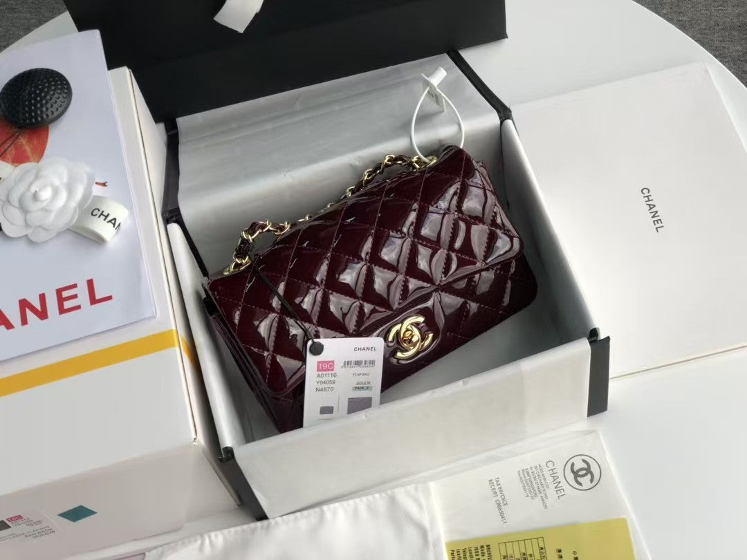 Chanel Flap Bag Burgundy Patent Leather