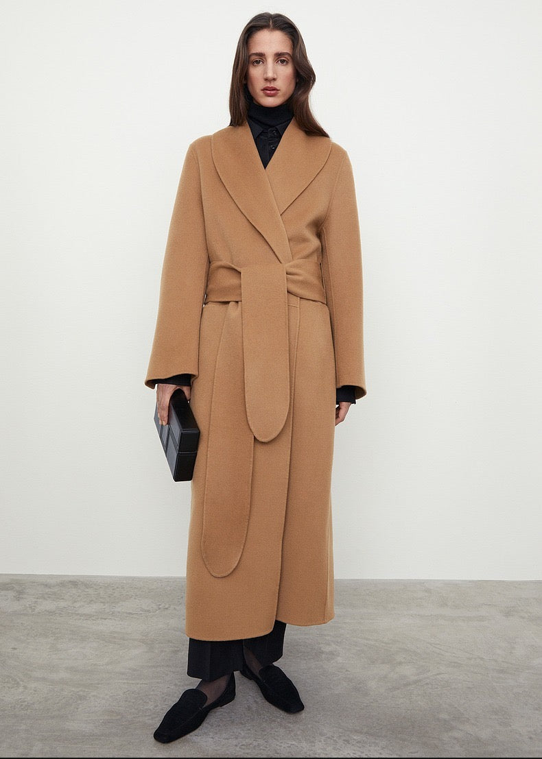 TOTEME Woolen Coat – Extra-Long Length, Belted Waist & Classic Black Camel Color