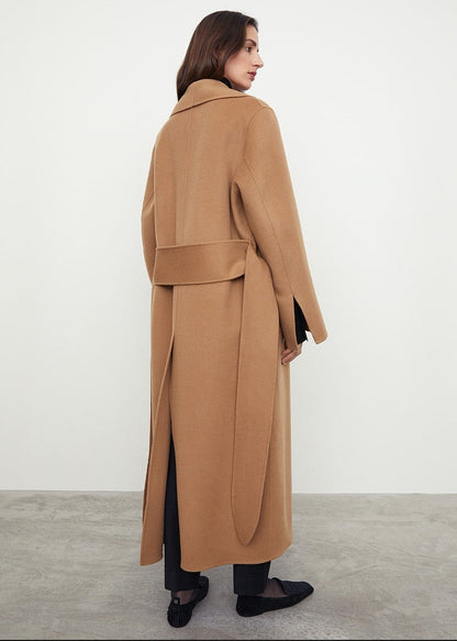 TOTEME Woolen Coat – Extra-Long Length, Belted Waist & Classic Black Camel Color