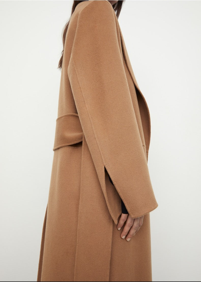TOTEME Woolen Coat – Extra-Long Length, Belted Waist & Classic Black Camel Color