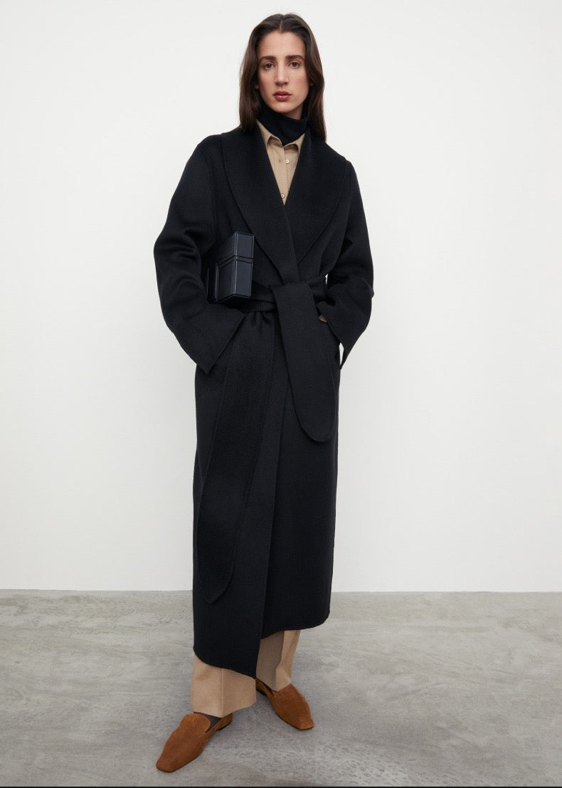 TOTEME Woolen Coat – Extra-Long Length, Belted Waist & Classic Black Camel Color