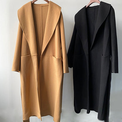 TOTEME Woolen Coat – Extra-Long Length, Belted Waist & Classic Black Camel Color