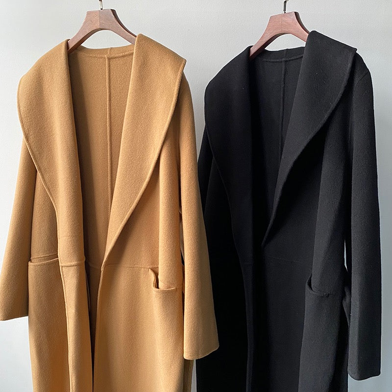 TOTEME Woolen Coat – Extra-Long Length, Belted Waist & Classic Black Camel Color