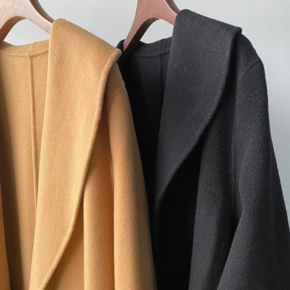 TOTEME Woolen Coat – Extra-Long Length, Belted Waist & Classic Black Camel Color