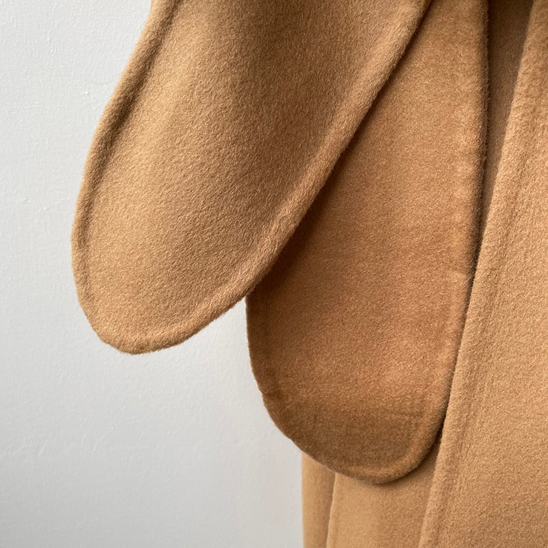 TOTEME Woolen Coat – Extra-Long Length, Belted Waist & Classic Black Camel Color