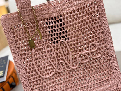Banana Tote Bag In Raffia Pink