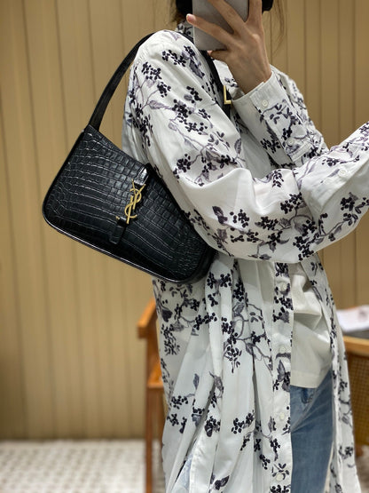 YSL LE 5 À 7 Croc Embossed Black